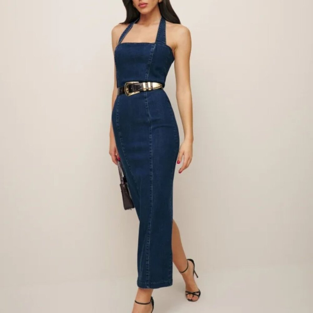 Reformation Evita Denim Midi Dress Red - Size 10